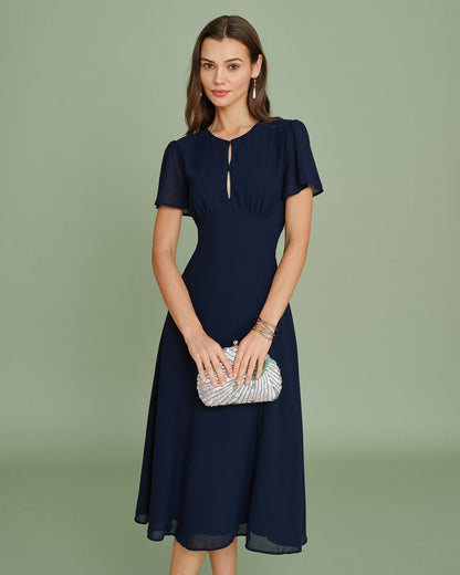 Vestido Midi em Chiffon com Recorte - Azul-marinho