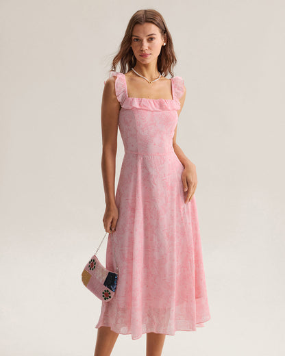 Vestido midi rosa com decote quadrado e babados