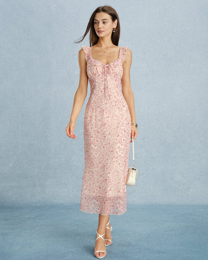 Vestido midi rosa com decote em V, babados e amarração