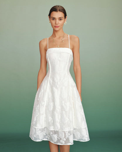 Vestido slip midi em jacquard com decote quadrado — Branco