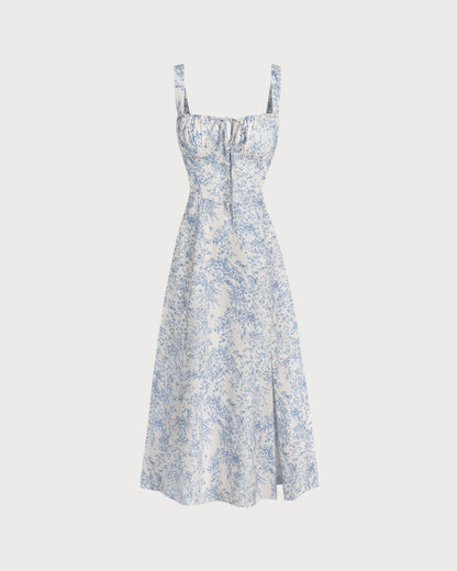 Vestido slip midi floral azul com franzidos