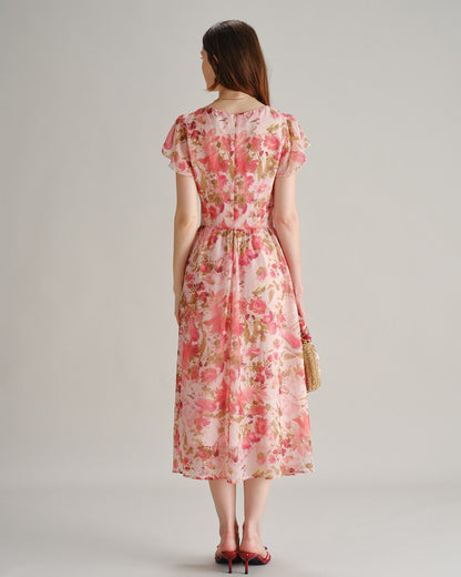 Vestido midi rosa de chiffon com estampa floral e decote em V