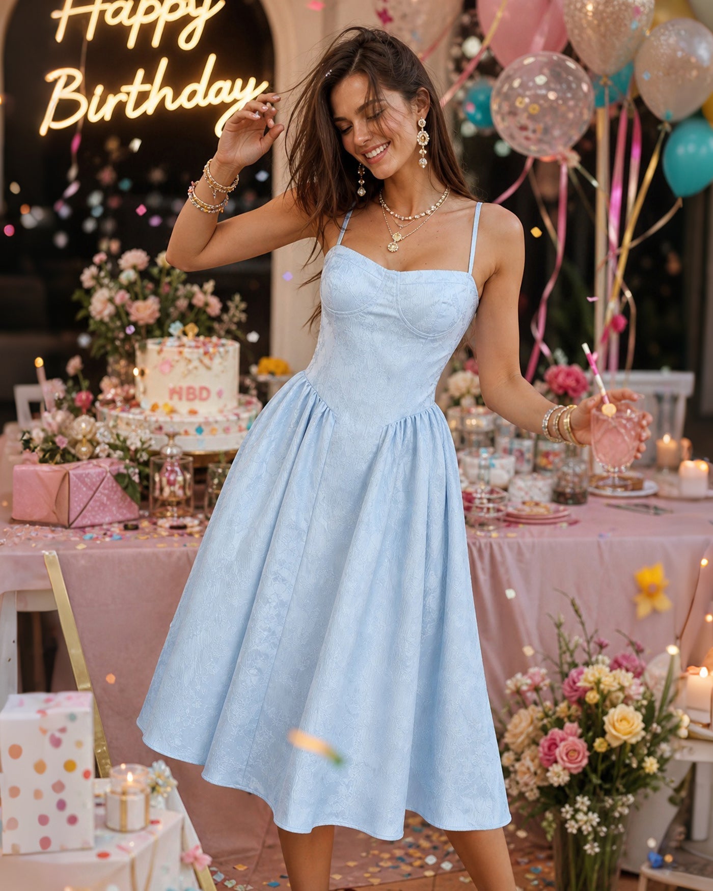 Vestido slip midi em jacquard azul com bolsos