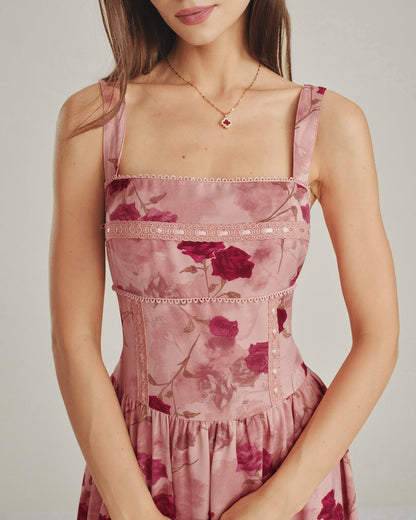 Vestido midi em renda floral com decote quadrado — Rosa