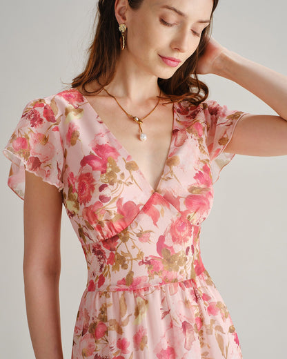 Vestido midi rosa de chiffon com estampa floral e decote em V