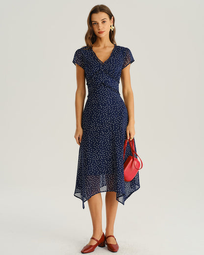 Vestido midi azul-marinho com estampa de poá e manga capa