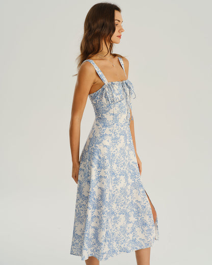 Vestido slip midi floral azul com franzidos