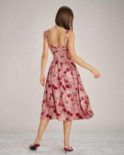 Vestido midi em renda floral com decote quadrado — Rosa