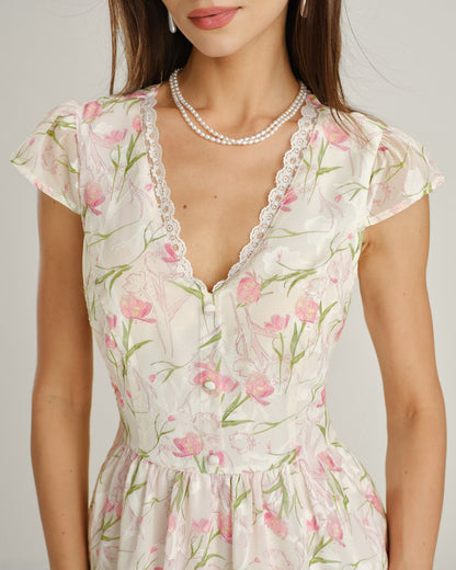 Vestido midi floral em renda com decote em V - Rosa