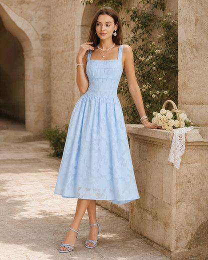 Vestido midi azul com decote quadrado e jacquard com renda