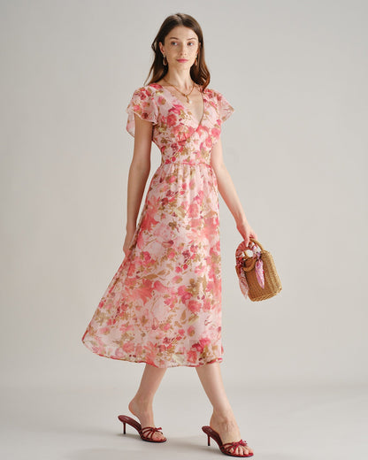 Vestido midi rosa de chiffon com estampa floral e decote em V