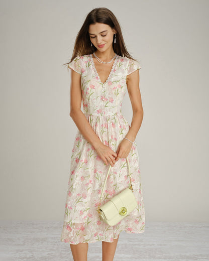 Vestido midi floral em renda com decote em V - Rosa