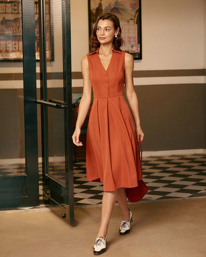 Vestido Midi Sem Mangas com Botões — Vermelho