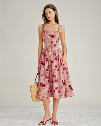 Vestido midi em renda floral com decote quadrado — Rosa