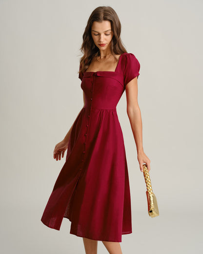 Vestido midi evasê com decote quadrado — Vinho