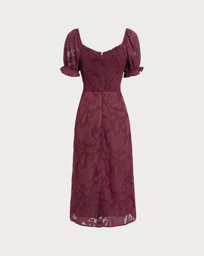 Vestido Midi Jacquard com Fenda - Vinho