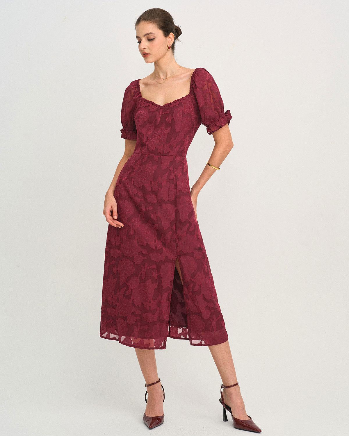 Vestido Midi Jacquard com Fenda - Vinho