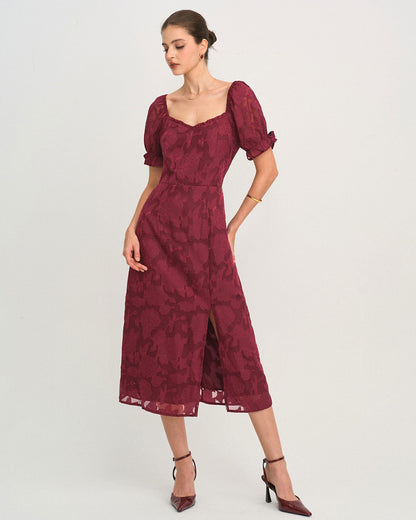 Vestido Midi Jacquard com Fenda - Vinho