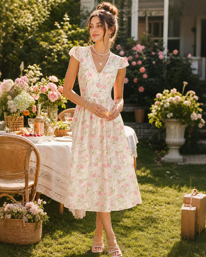 Vestido midi floral em renda com decote em V - Rosa