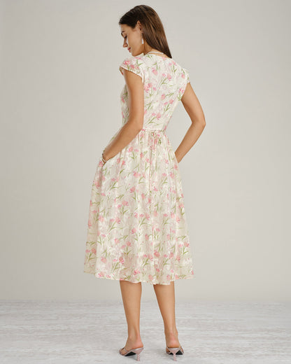 Vestido midi floral em renda com decote em V - Rosa