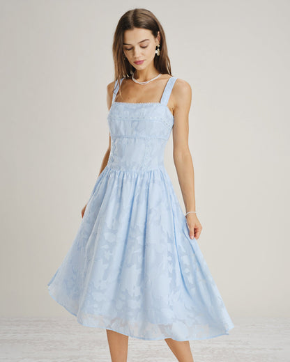 Vestido midi azul com decote quadrado e jacquard com renda