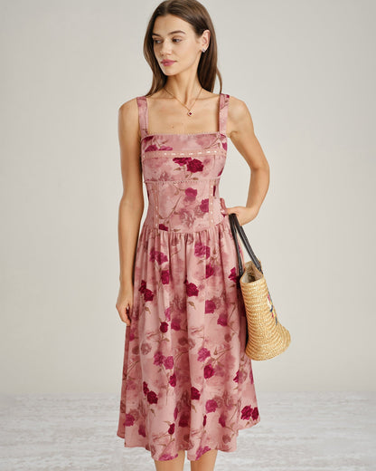 Vestido midi em renda floral com decote quadrado — Rosa