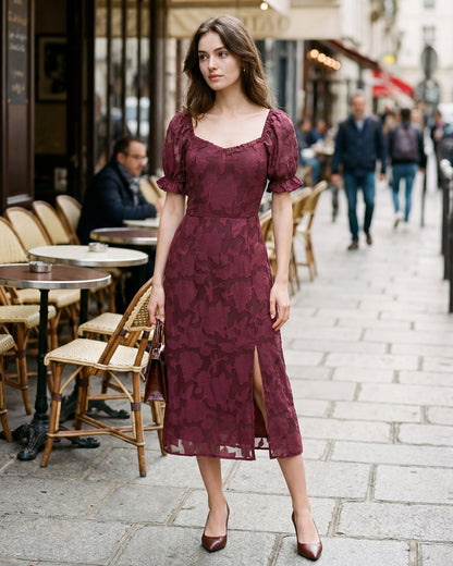 Vestido Midi Jacquard com Fenda - Vinho