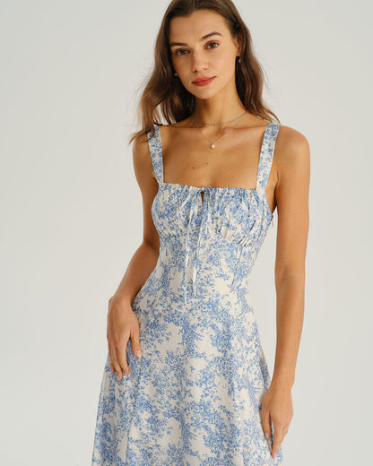 Vestido slip midi floral azul com franzidos