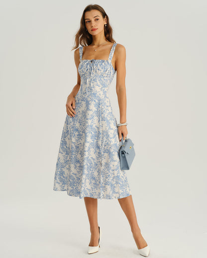 Vestido slip midi floral azul com franzidos