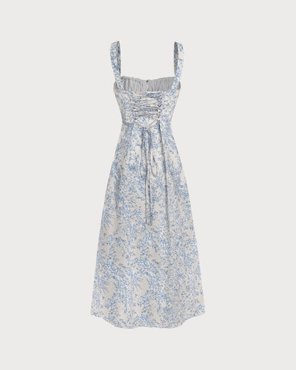 Vestido slip midi floral azul com franzidos