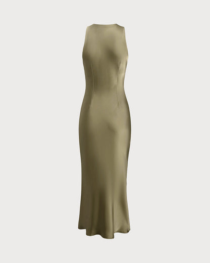 Vestido midi slip em cetim com decote canoa — Verde