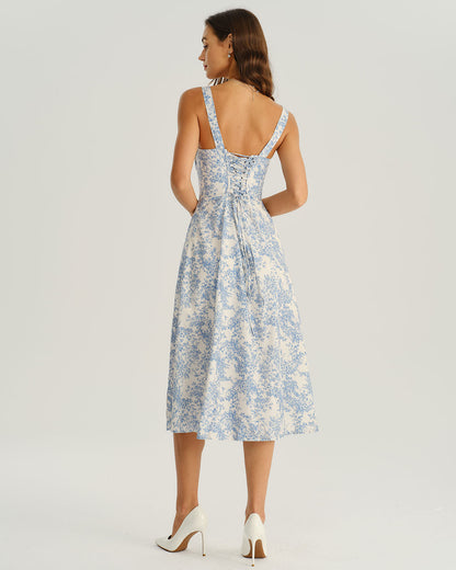 Vestido slip midi floral azul com franzidos
