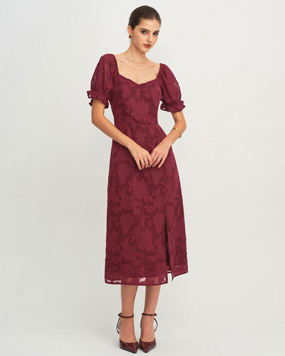 Vestido Midi Jacquard com Fenda - Vinho