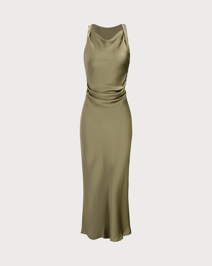 Vestido midi slip em cetim com decote canoa — Verde