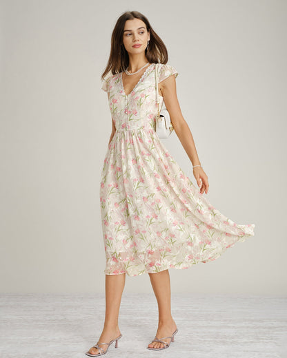 Vestido midi floral em renda com decote em V - Rosa