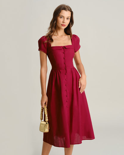 Vestido midi evasê com decote quadrado — Vinho