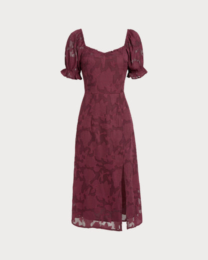 Vestido Midi Jacquard com Fenda - Vinho