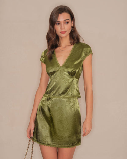 Saia mini de cetim com estampa floral verde