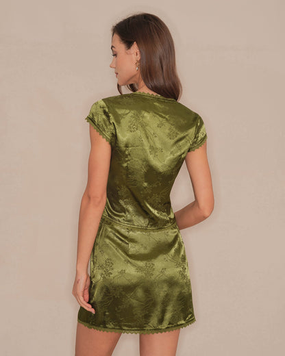 Saia mini de cetim com estampa floral verde