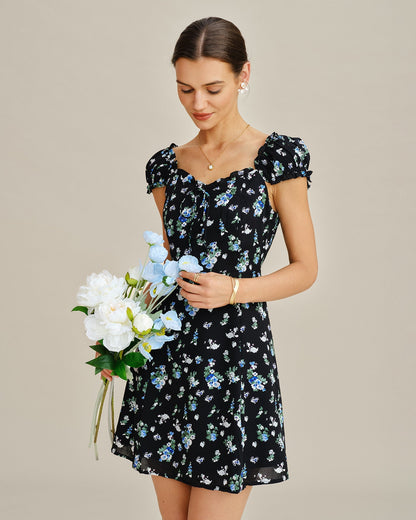 Vestido curto estilo túnica floral com decote em V — Preto