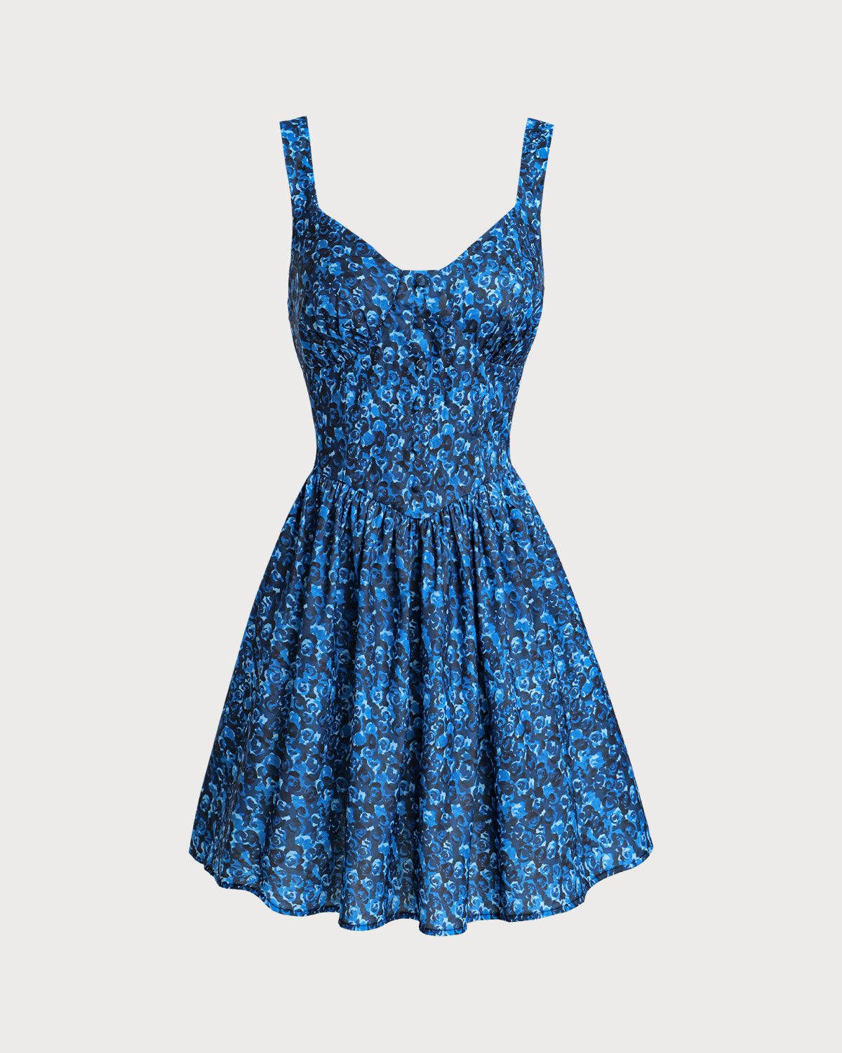 Vestido mini azul floral com decote em U e franzido