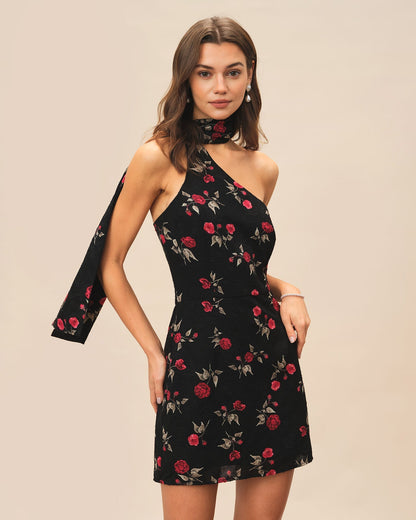 Vestido curto em jacquard com um ombro só, preto