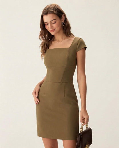 Vestido mini marrom com decote quadrado e manguitas