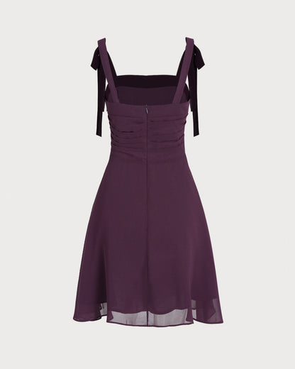 Vestido mini de chiffon roxo com alças de amarrar