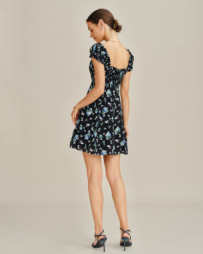 Vestido curto estilo túnica floral com decote em V — Preto