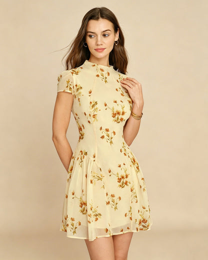 Vestido curto floral com estampa de tartarugas — Amarelo Claro