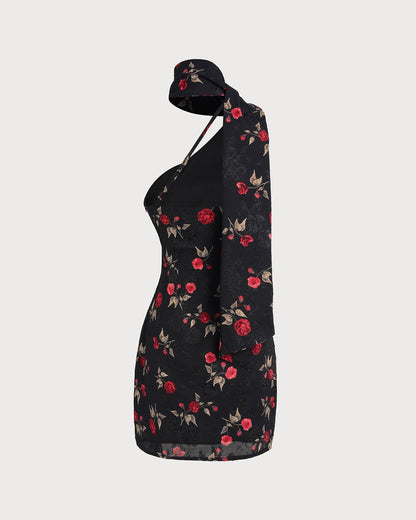 Vestido curto em jacquard com um ombro só, preto