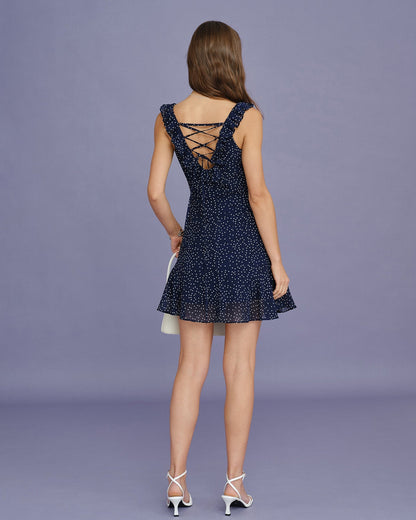 Vestido mini com babados e estampa de poá azul-marinho