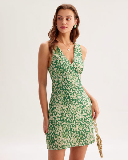 Vestido mini floral verde sem mangas