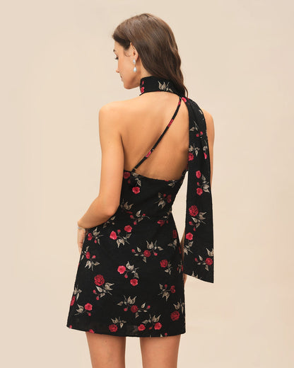 Vestido curto em jacquard com um ombro só, preto